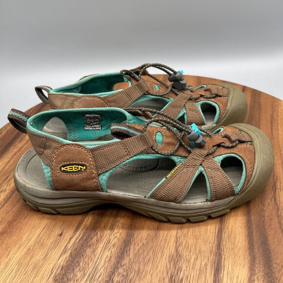 Keen Venice H2 Sandals Mens 8 Brown Teal Waterproof Bungee Vegan Hiking Cap Toe - Picture 1 of 8